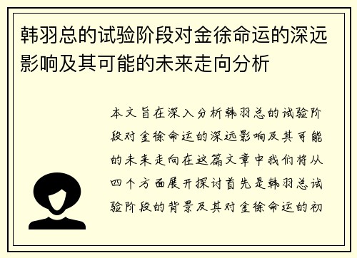 韩羽总的试验阶段对金徐命运的深远影响及其可能的未来走向分析