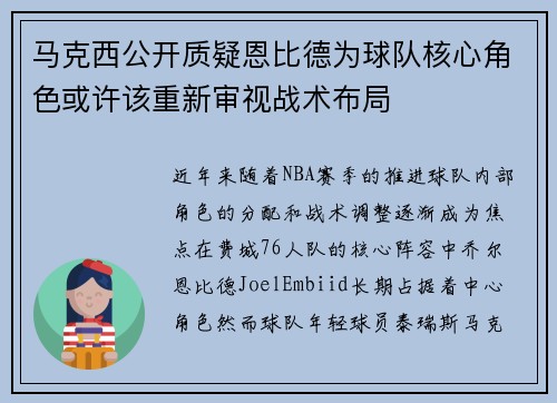 马克西公开质疑恩比德为球队核心角色或许该重新审视战术布局 马克西公开质疑恩比德为球队核心角色或许该重新审视战术布局